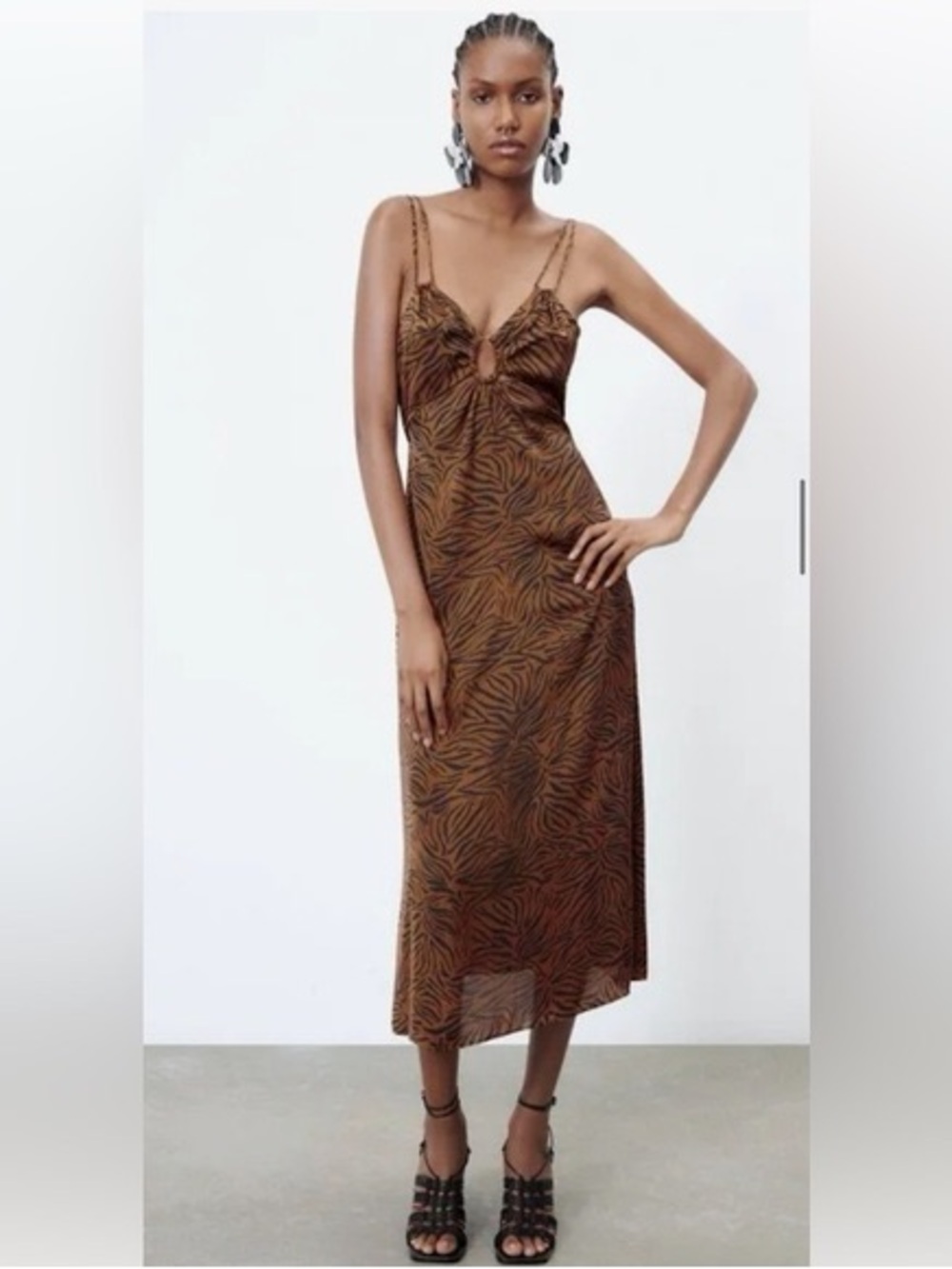 Zara Brown Zebra-Print Midi Slip Dress